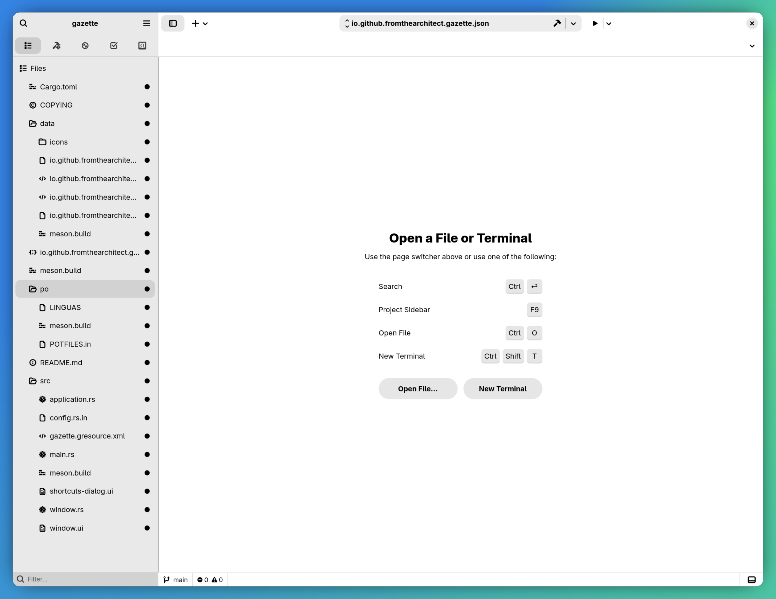 GNOME Builder showing the Gazette project file tree