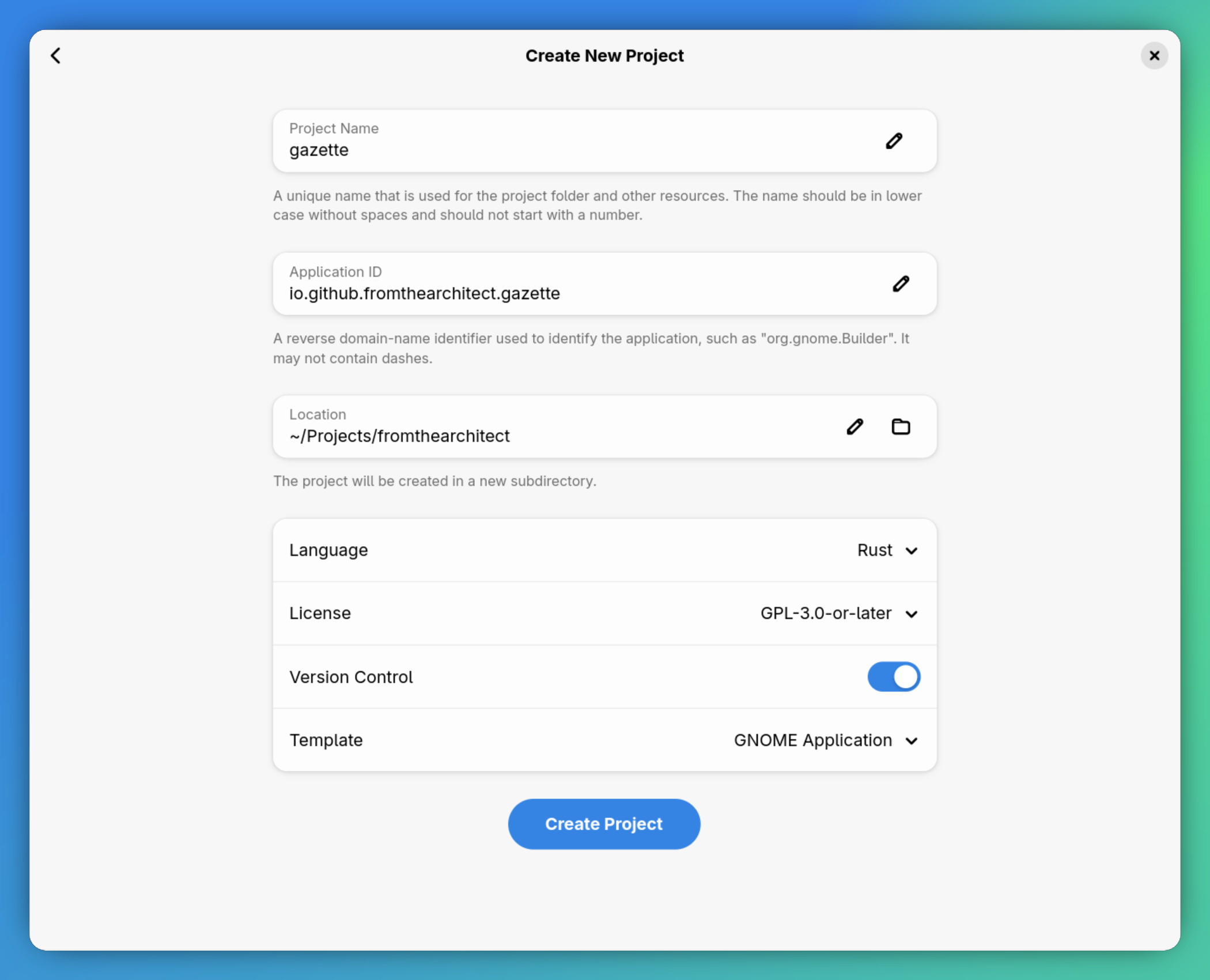 GNOME Builder&rsquo;s Create New Project dialog, configured for Gazette