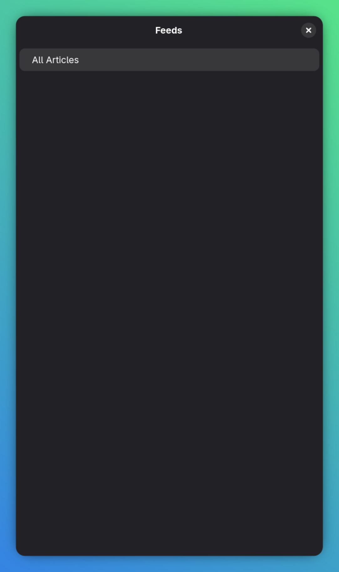 Gazette in narrow width with the split view collapsed — only the Feeds sidebar is visible, with a single All Articles row