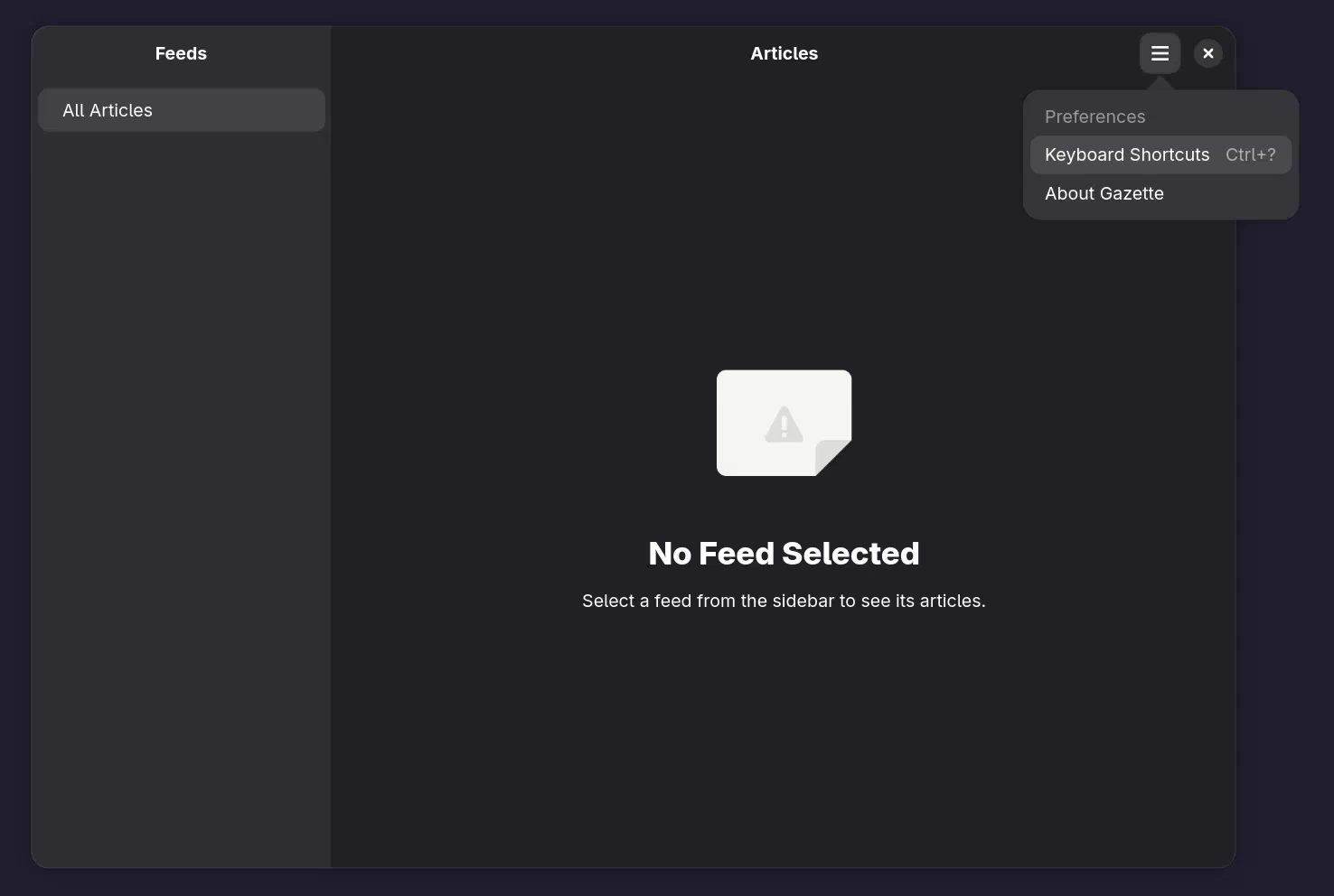 Gazette&rsquo;s primary menu open from the content pane&rsquo;s header bar, showing Preferences, Keyboard Shortcuts, and About Gazette entries