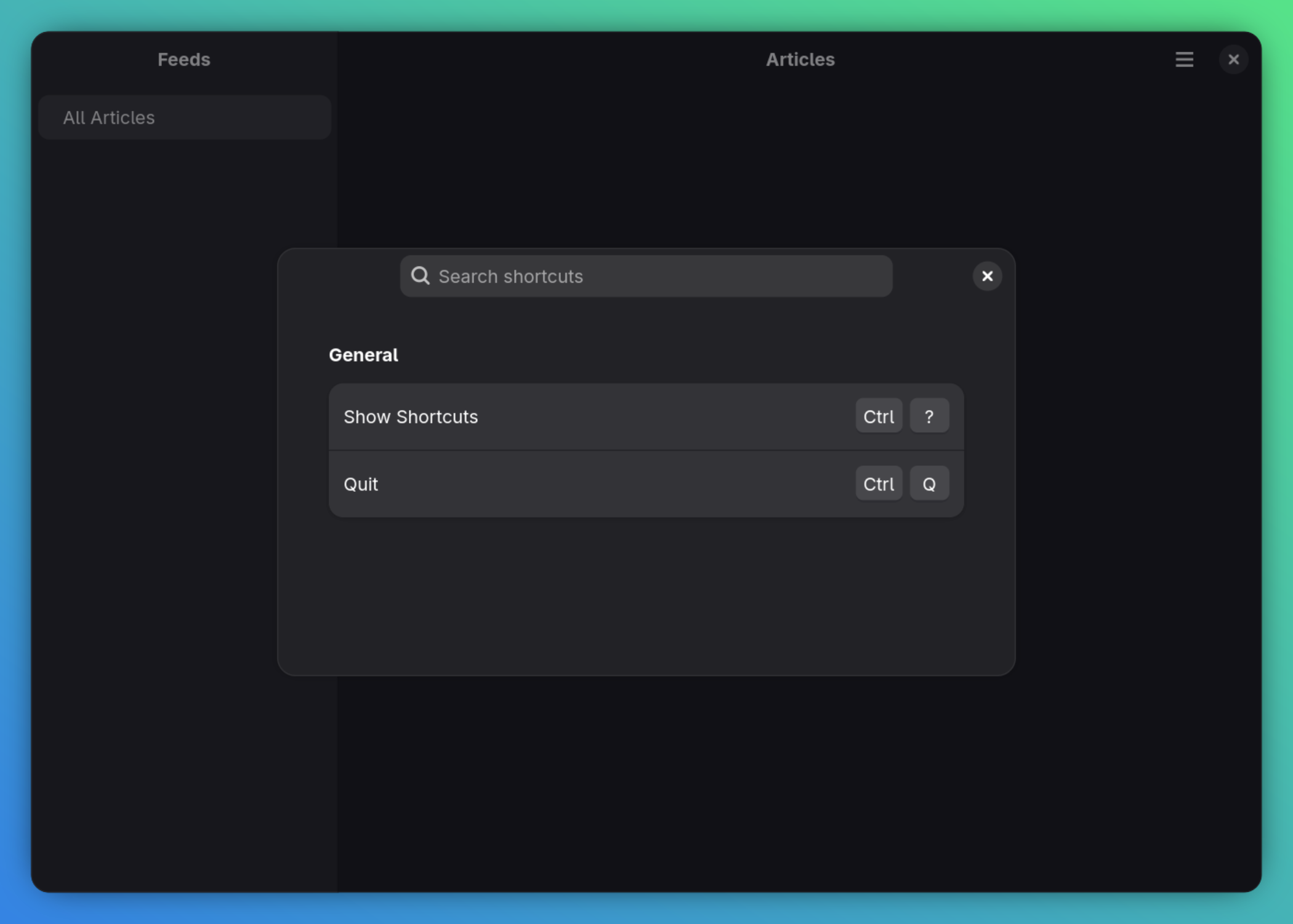 Gazette&rsquo;s keyboard shortcuts dialog rendered as an Adw.ShortcutsDialog, showing the General section with Show Shortcuts and Quit entries